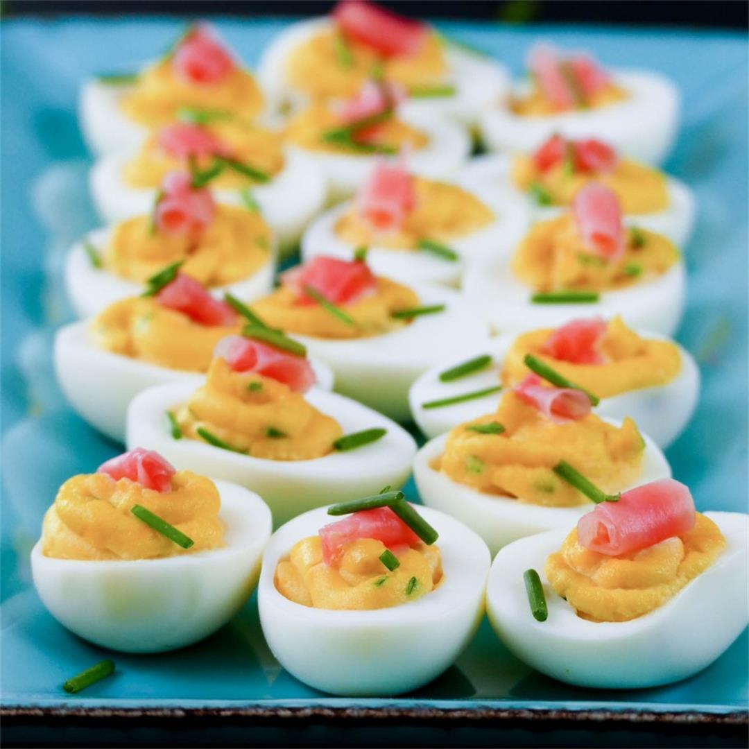Instant Pot Deviled Eggs with a spicy and flavorful twist!