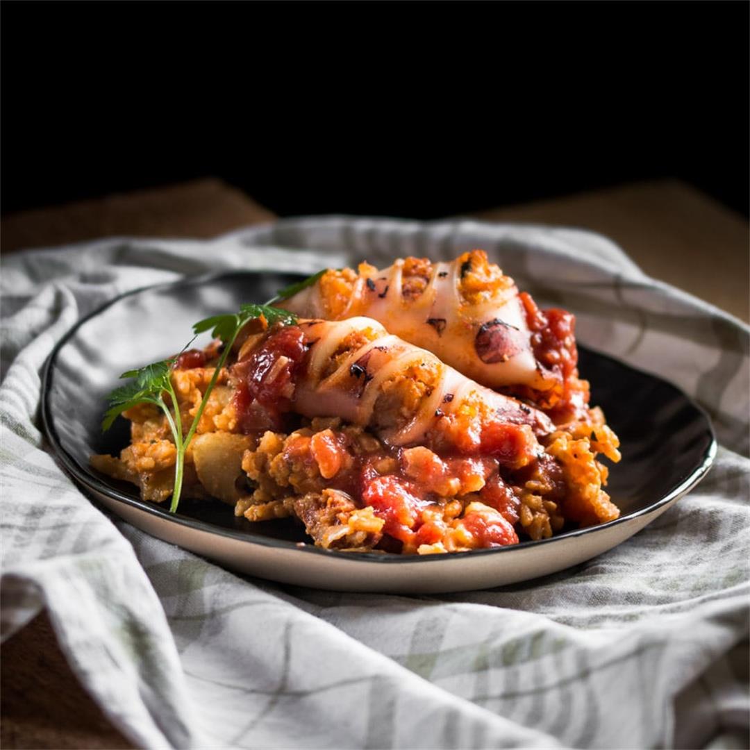 Fennel and Chorizo Risotto Stuffed Squid with Tomato Sauce