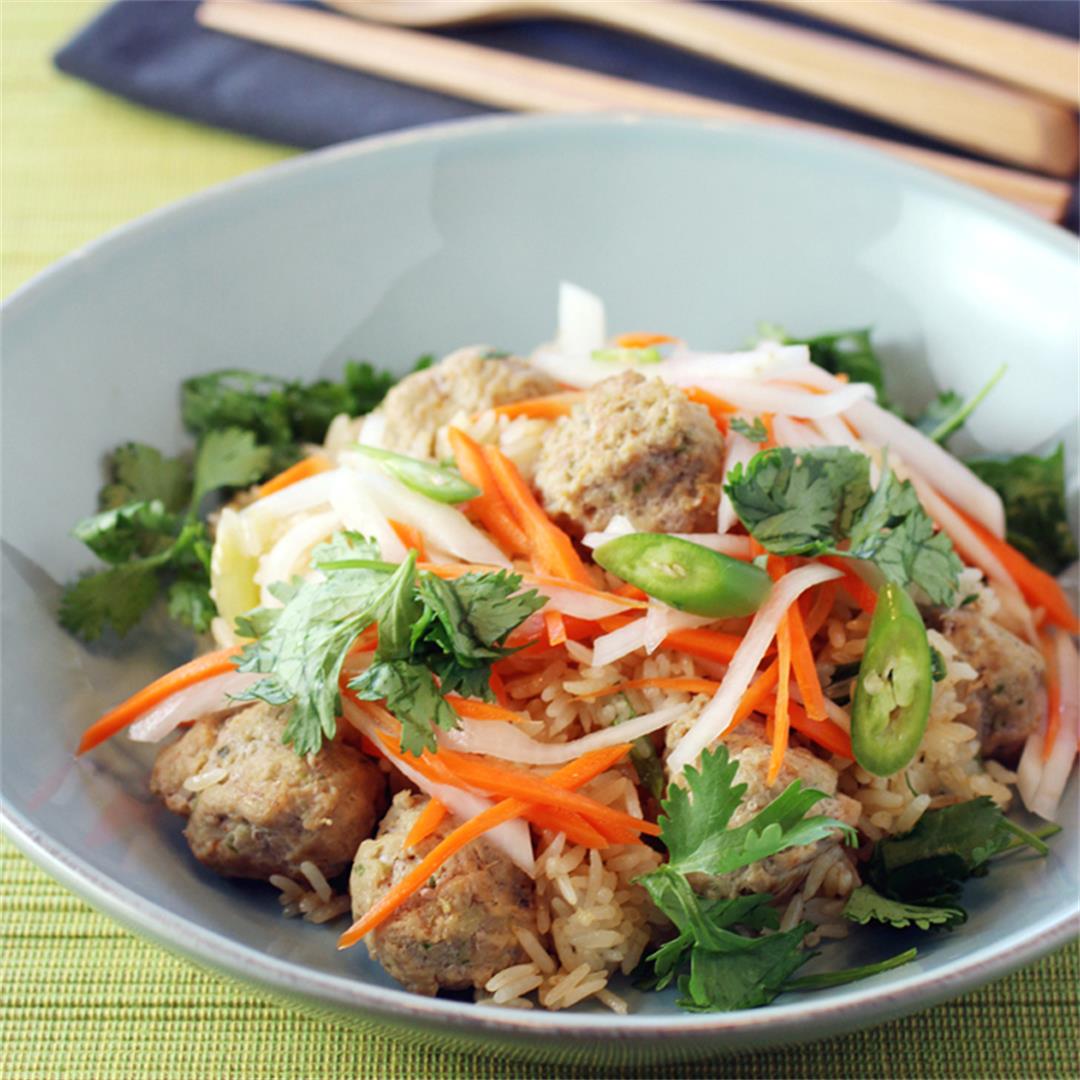 Banh Mi Fried Rice with Lemongrass Meatballs