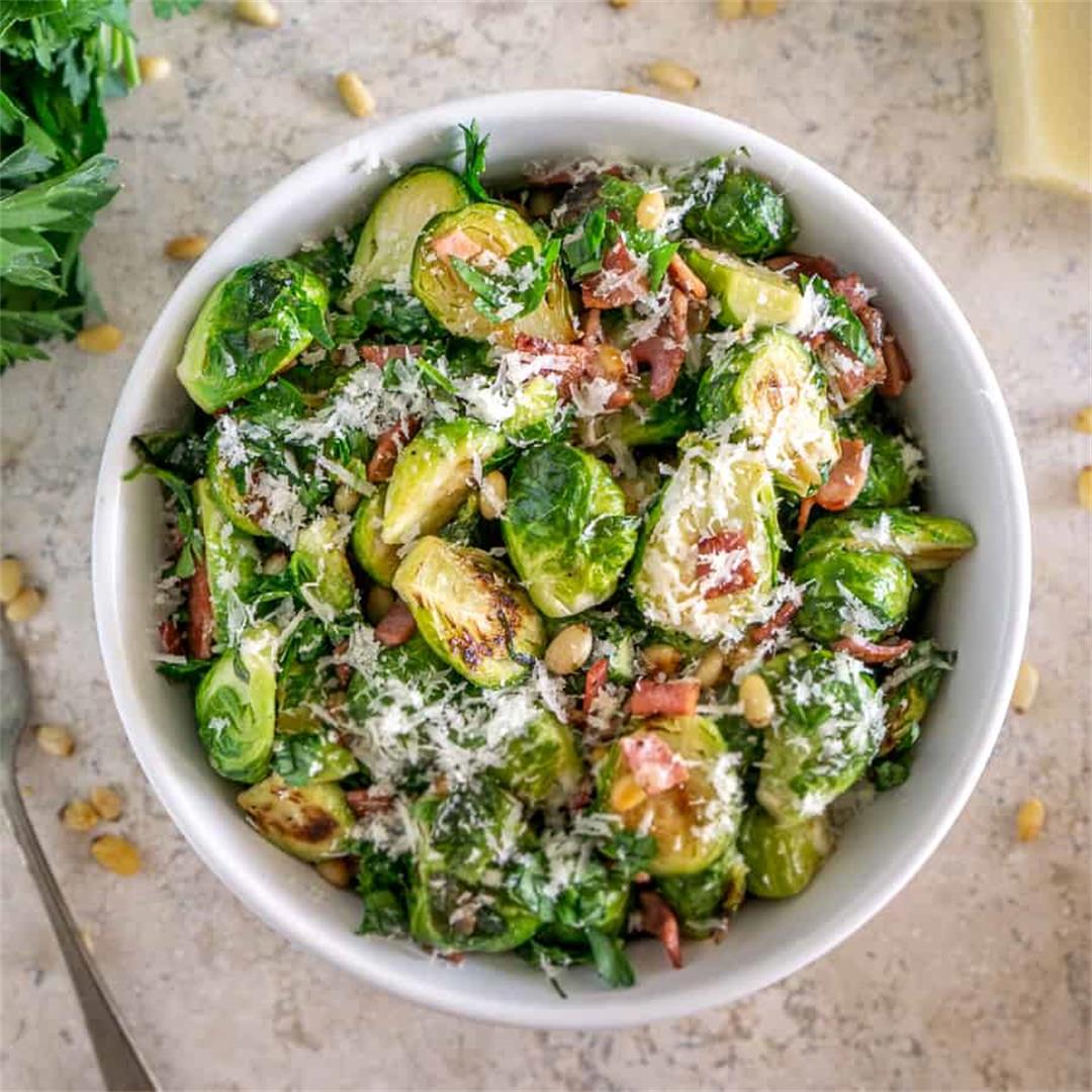 Pan Fried Brussels Sprouts with Turkey Bacon and Parmesan
