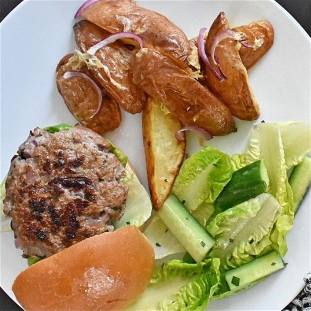 Minted Lamb Burgers with Cheese and Onion Wedges • DonnaDundas.