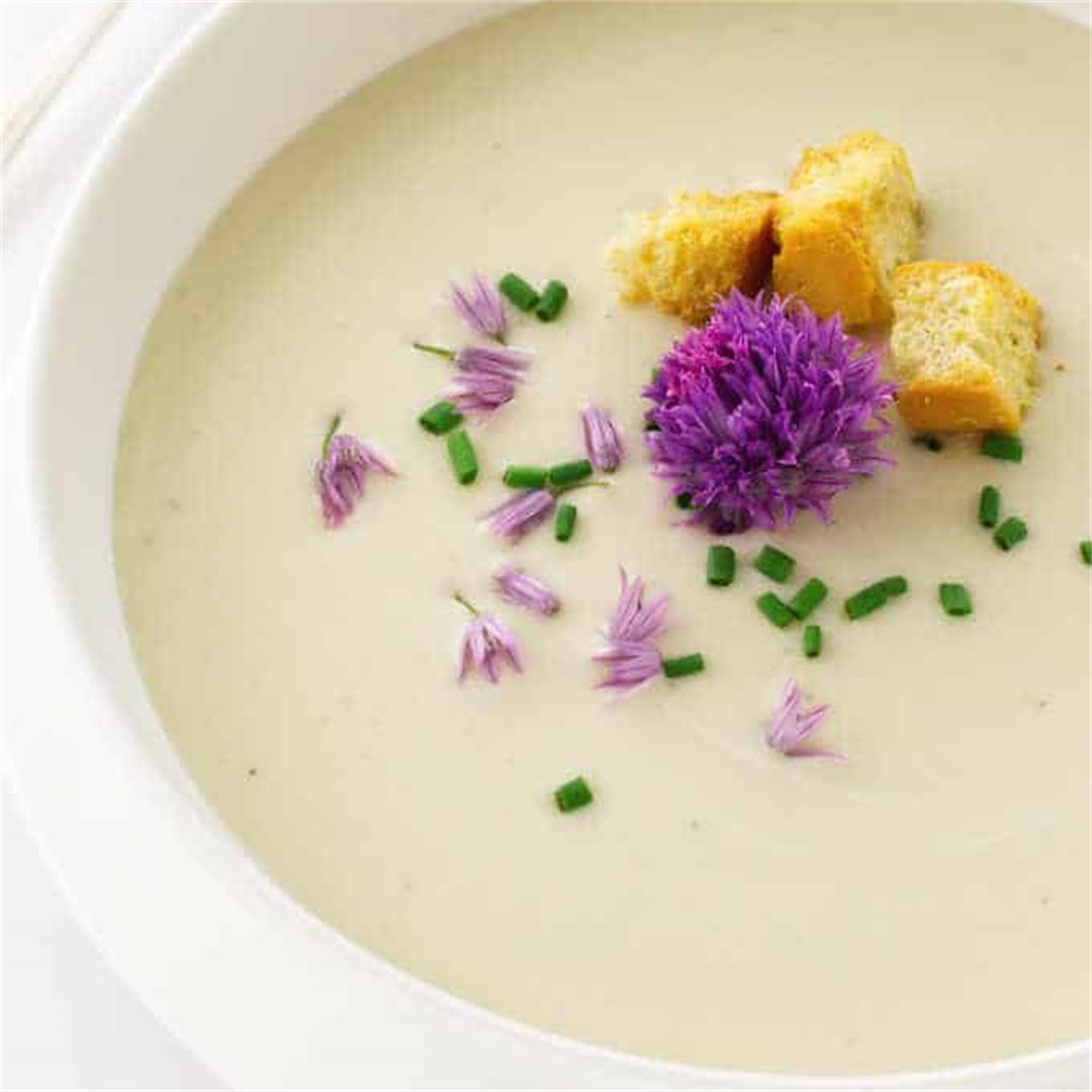 Creamy Potato Leek Soup with Chive Blossoms