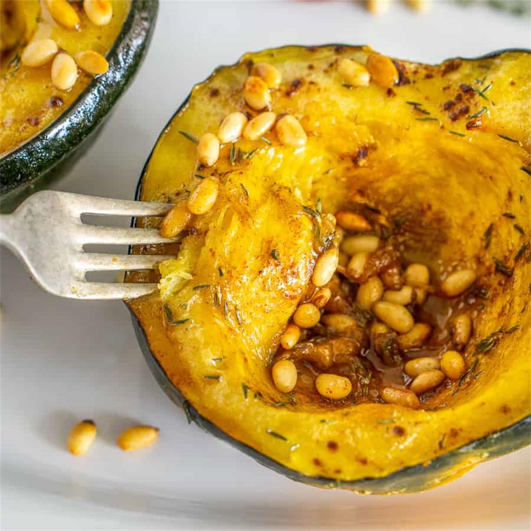 Honey Roasted Acorn Squash with Pine Nuts, Cinnamon, and Thyme
