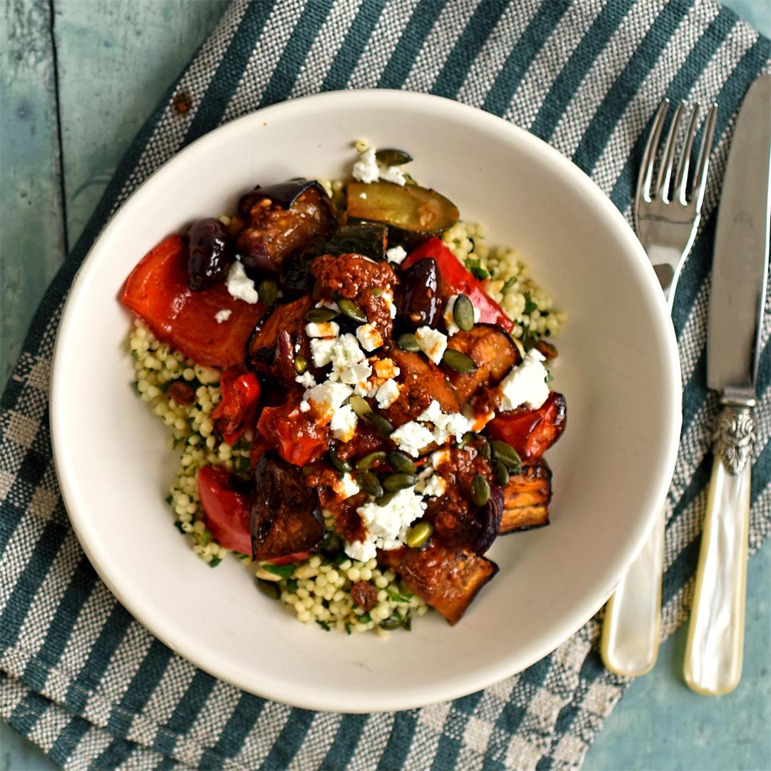 harissa roasted vegetables with couscous, feta and pumpkin seed