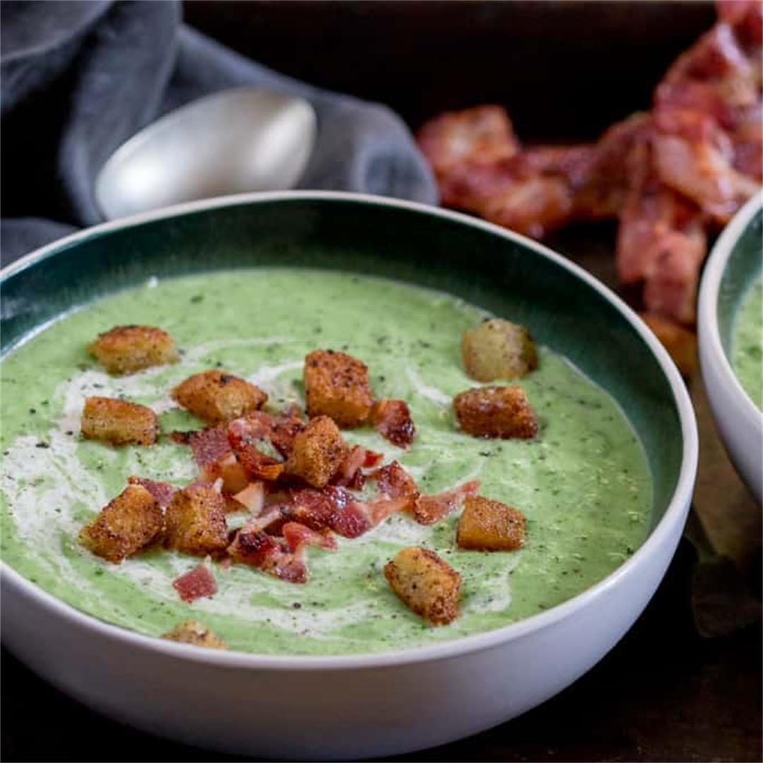 Broccoli Cheese Soup with Bacon Fried Bread Croutons
