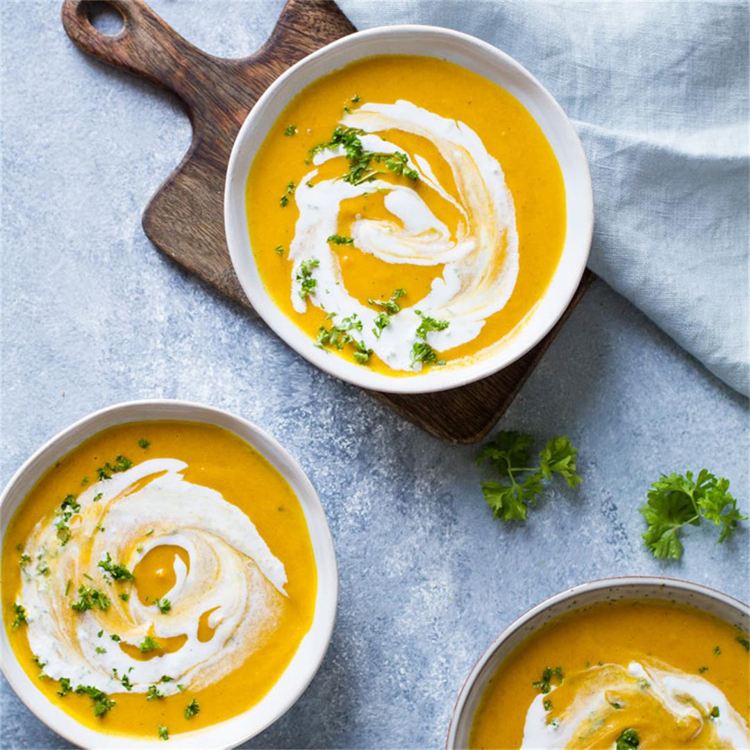 Curry Coconut Carrot Soup with Ginger Cream (Vegan)