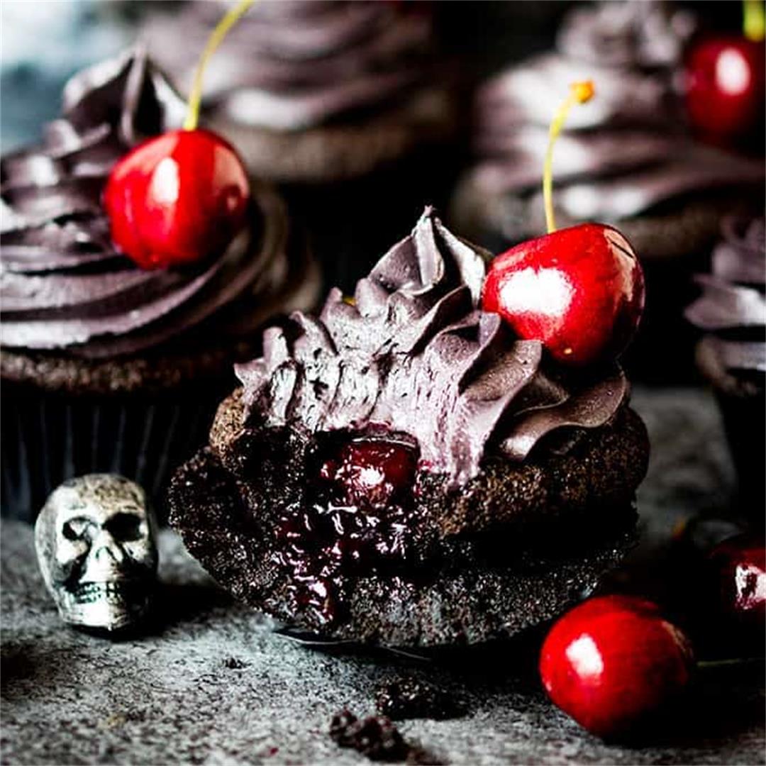 Halloween Black Cupcakes With Cherry Filling