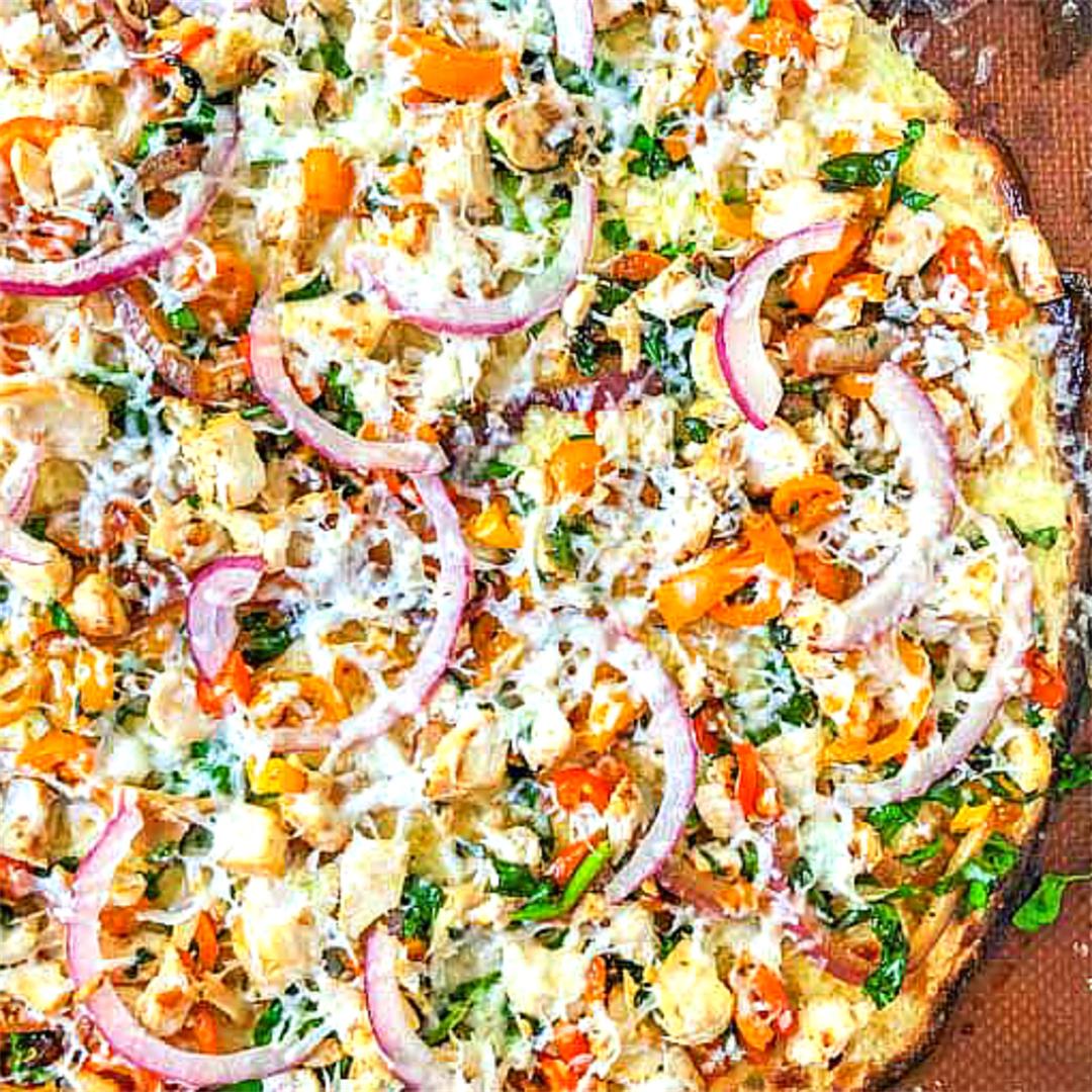 Low Carb Pizza with Cauliflower Crust Topped with Chicken & Veg