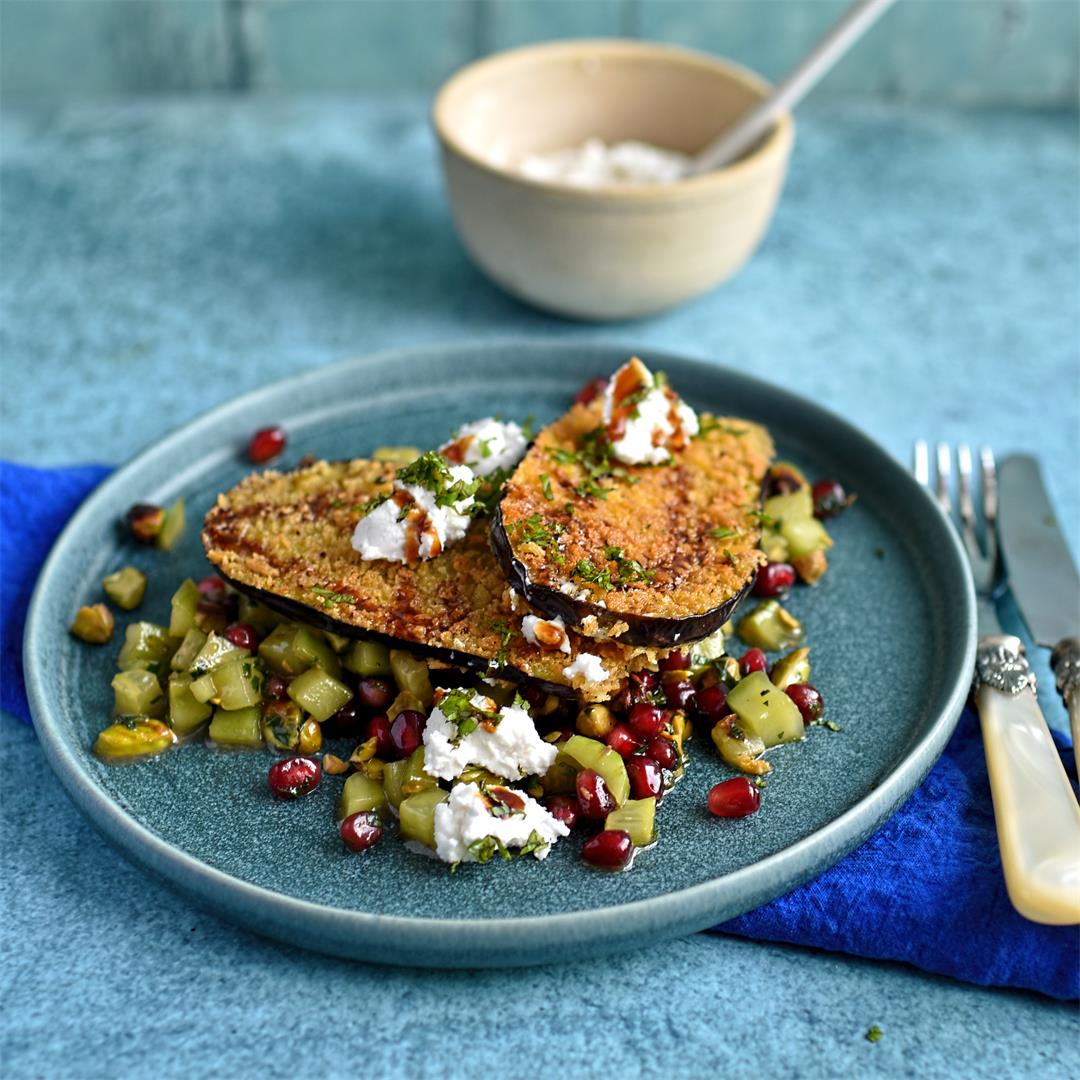 aubergine fritters with pomegranate salad and labneh