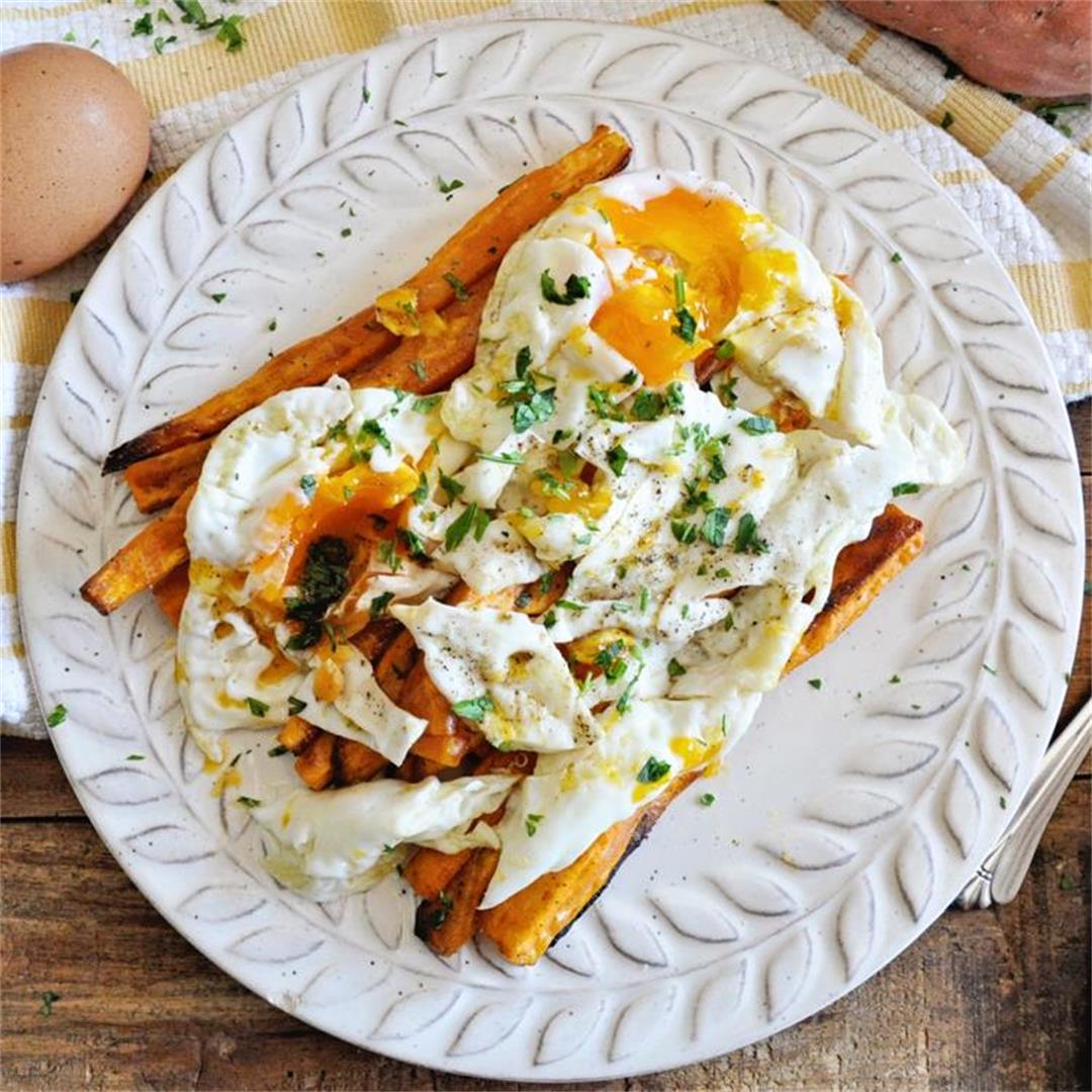 The Most EPIC Spanish Broken Eggs with Sweet Potato Fries