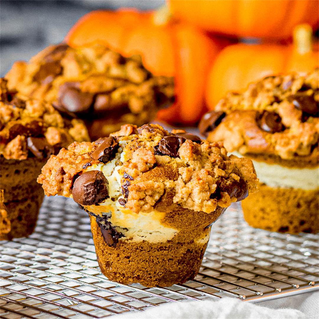 Pumpkin Chocolate Chip Muffins with Cream Cheese & Streusel