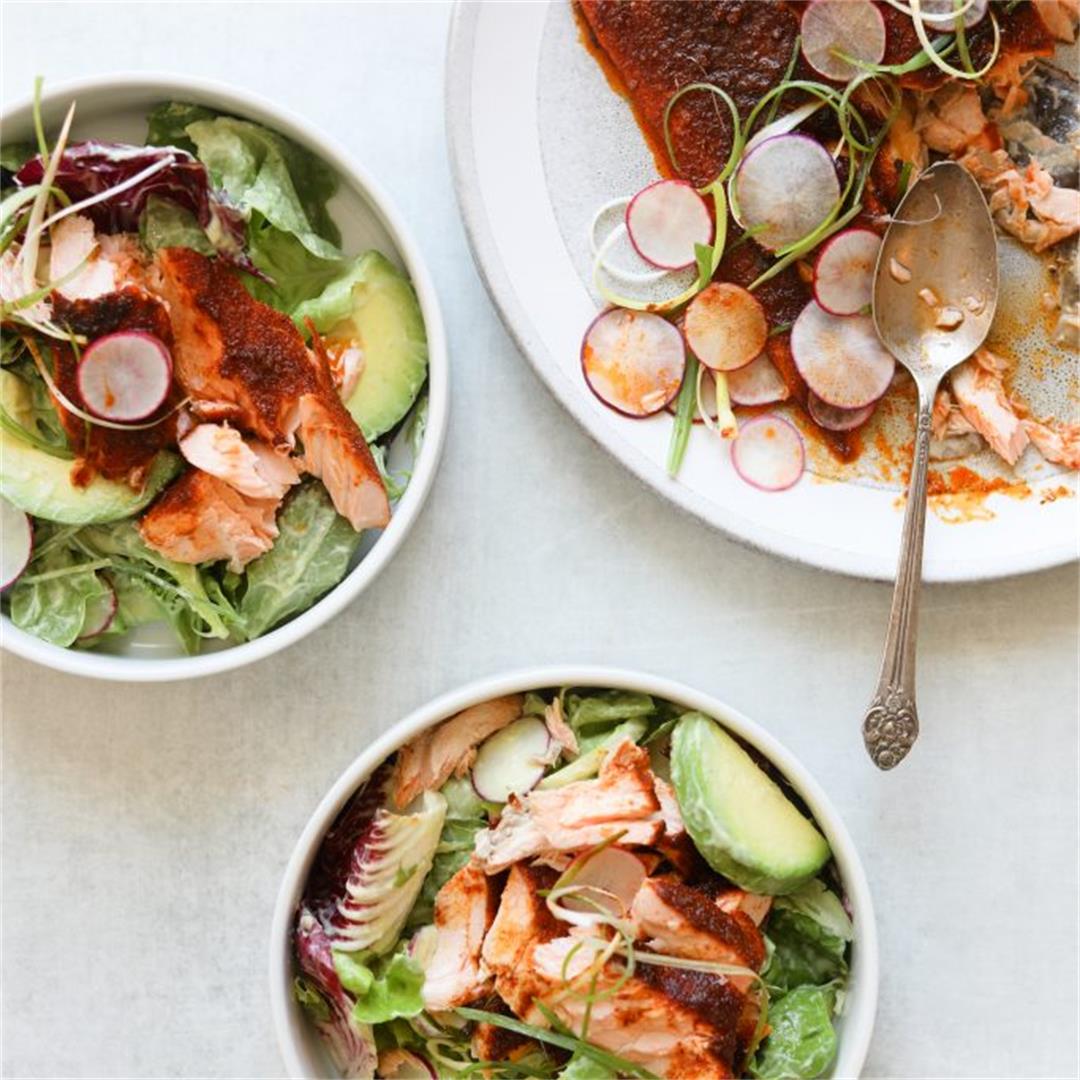 Oven Roasted BBQ Salmon Salad with Avocado Ranch Dressing