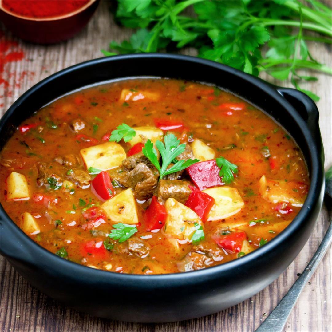 This spicy goulash soup includes chunks of tender stewed beef!