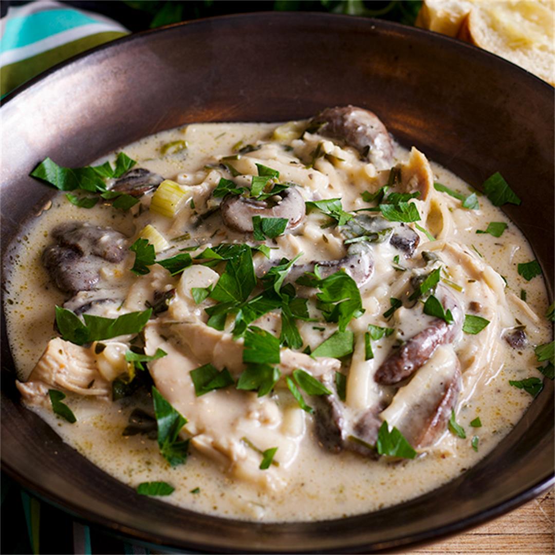 Creamy Chicken Noodle Soup with Garlic and Mushrooms