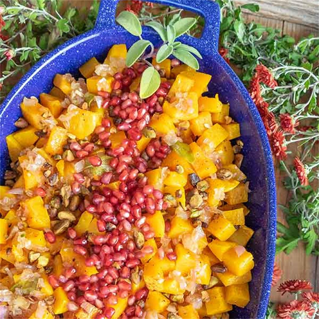 Butternut Squash With Roasted Pistachios And Pomegranate