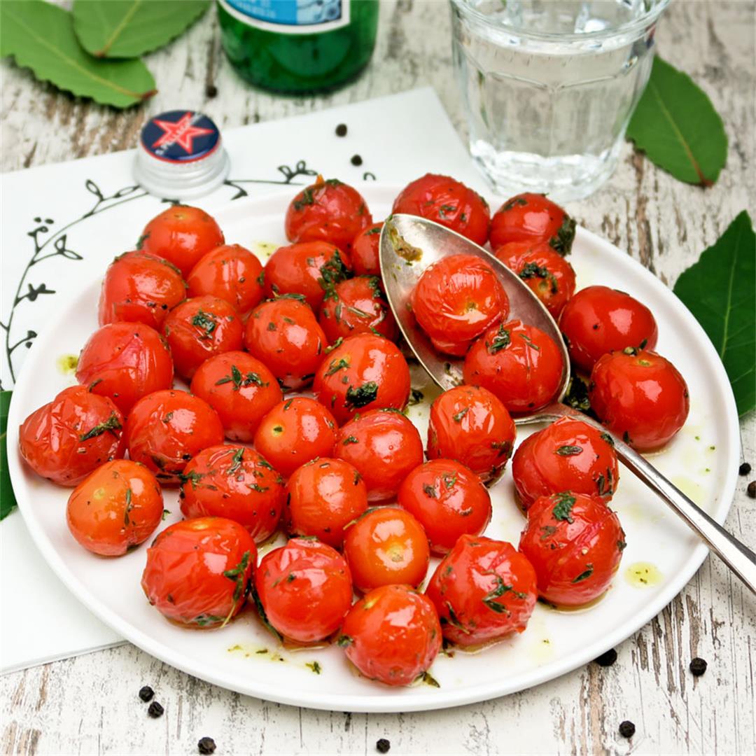 Roasted cherry tomatoes with fresh herbs and olive oil