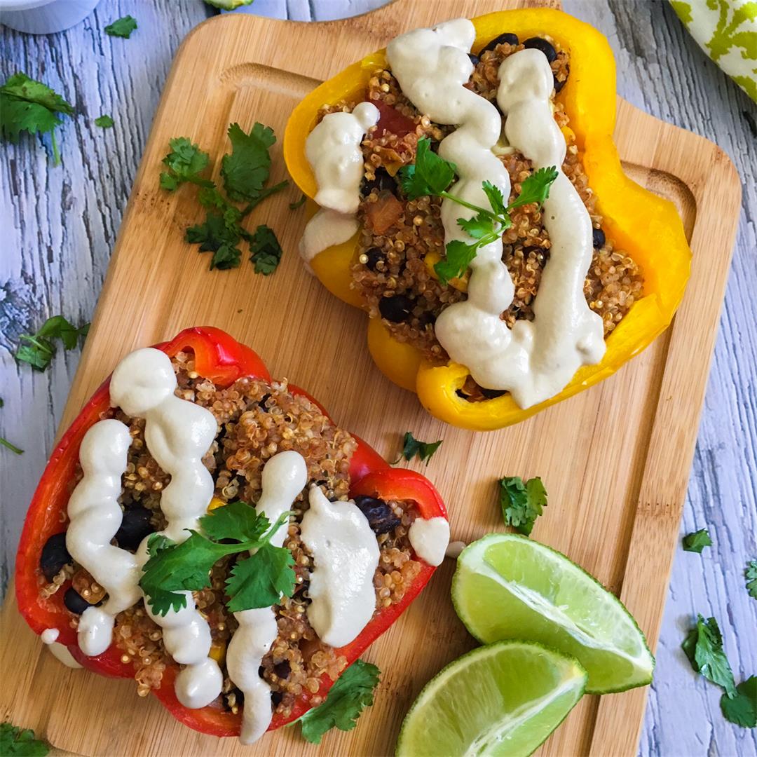 Mexican Stuffed Peppers w/ Walnut Cheese Sauce -This Healthy Ki