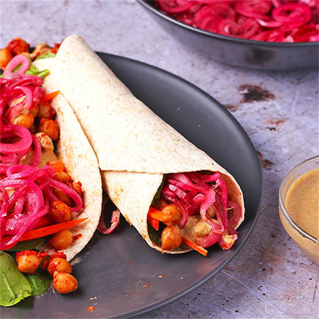 BBQ chickpea wraps with marinated red onions & tahini dressing