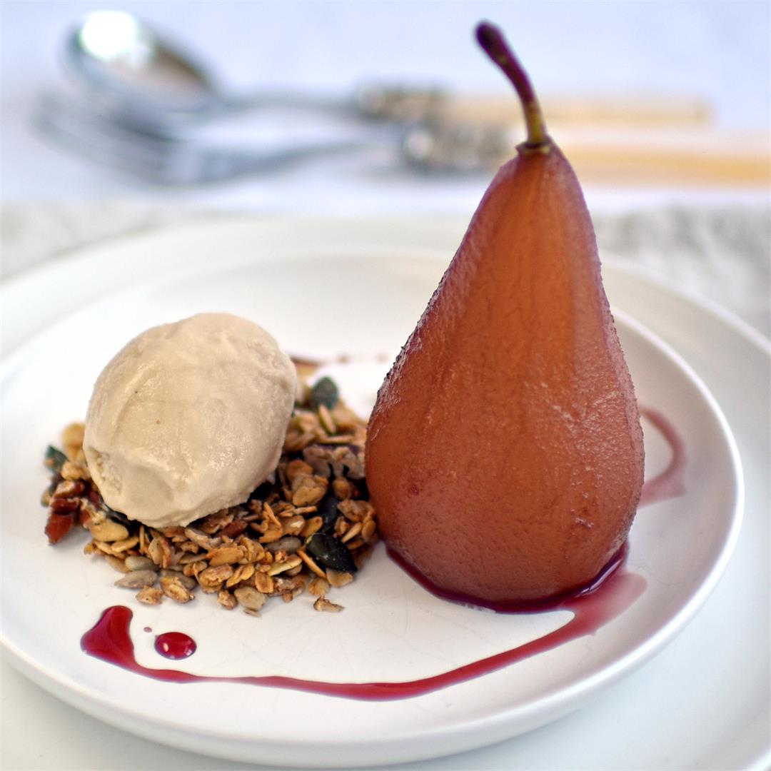 poached pears with pecan granola and miso ice cream