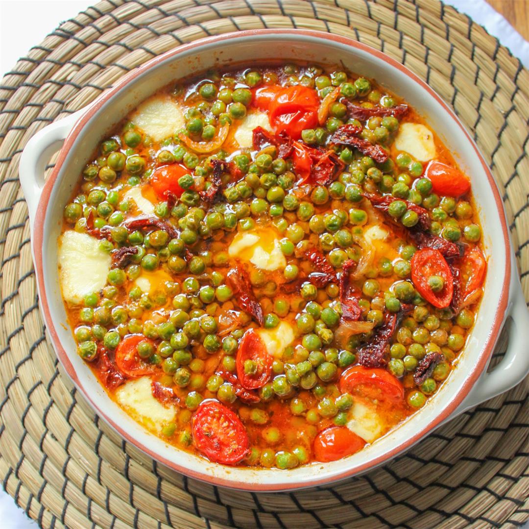 Roasted Peas with Sun Dried Tomatoes and Mozzarella Cheese