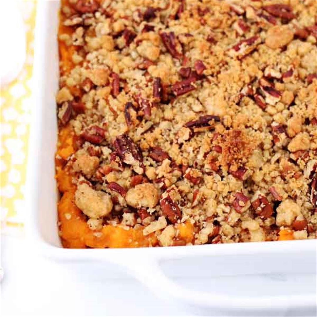 Sweet Potato Casserole with Pecan Brown Sugar Topping