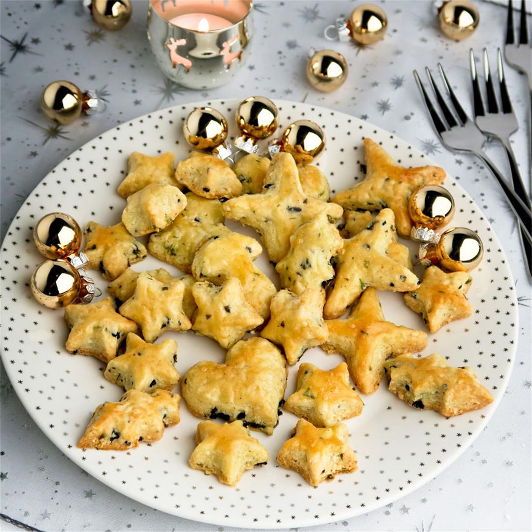 Savory Christmas biscuits loaded with cheese, olives and basil!