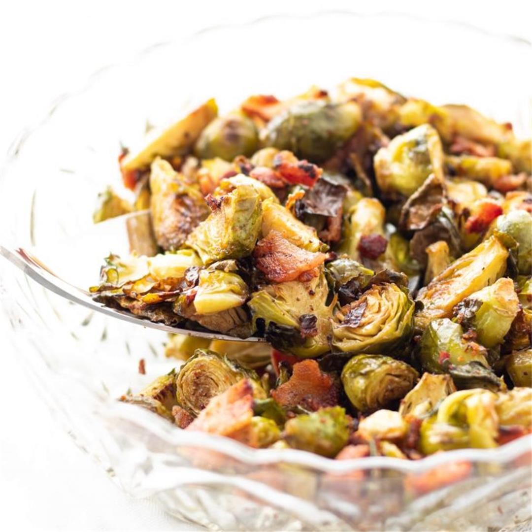 Maple Balsamic Roasted Brussel Sprouts with Bacon