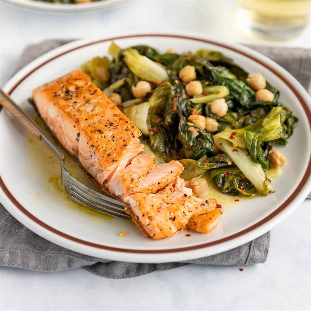 Pan-fried Salmon with Braised Escarole and Chickpeas