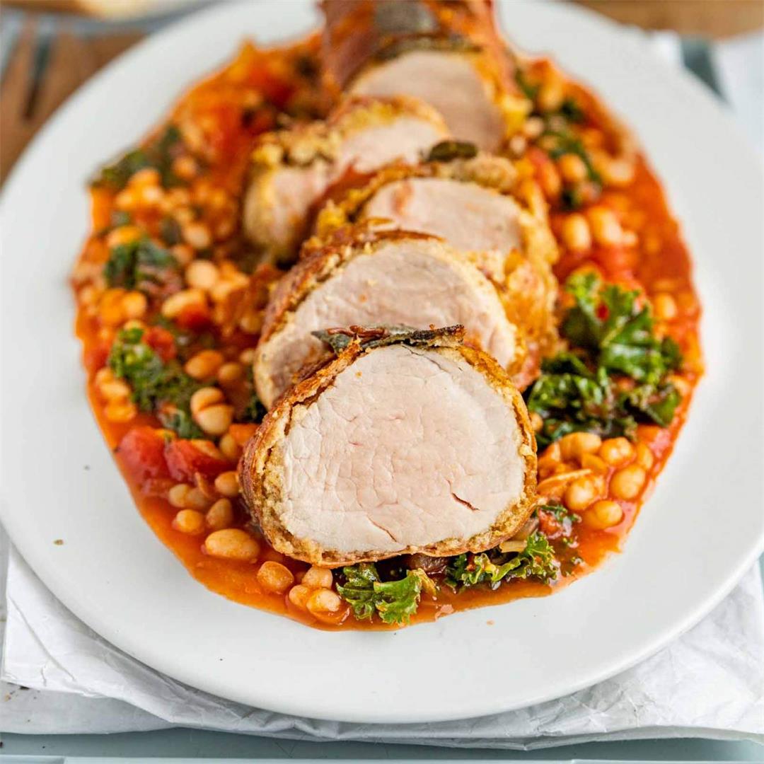 Pork Tenderloin Wrapped in Prosciutto with Beans