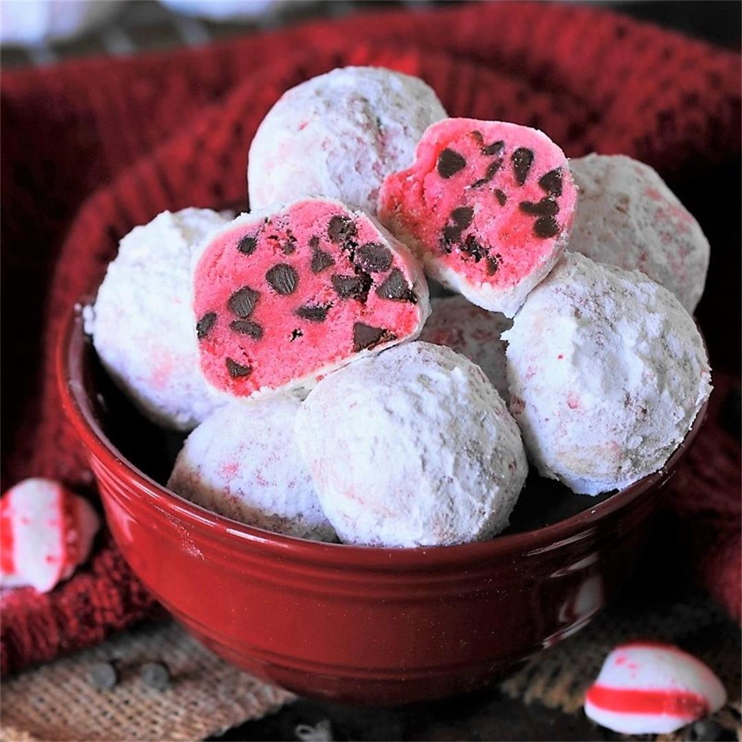 Peppermint Chocolate Chip Snowball Cookies