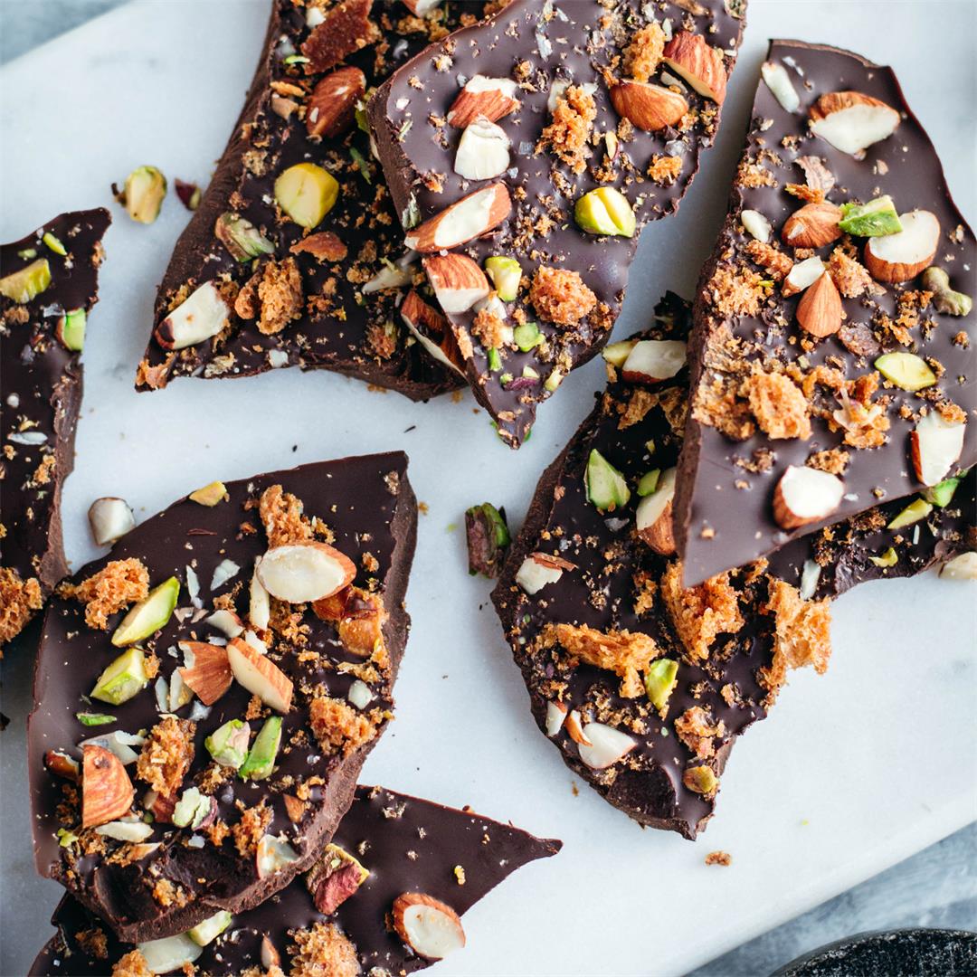 Homemade chocolate bark with nuts and toasted bread