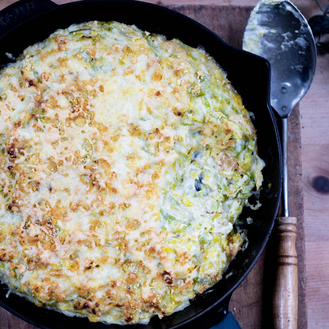 Cheesy Brussel Sprout and Leek Gratin