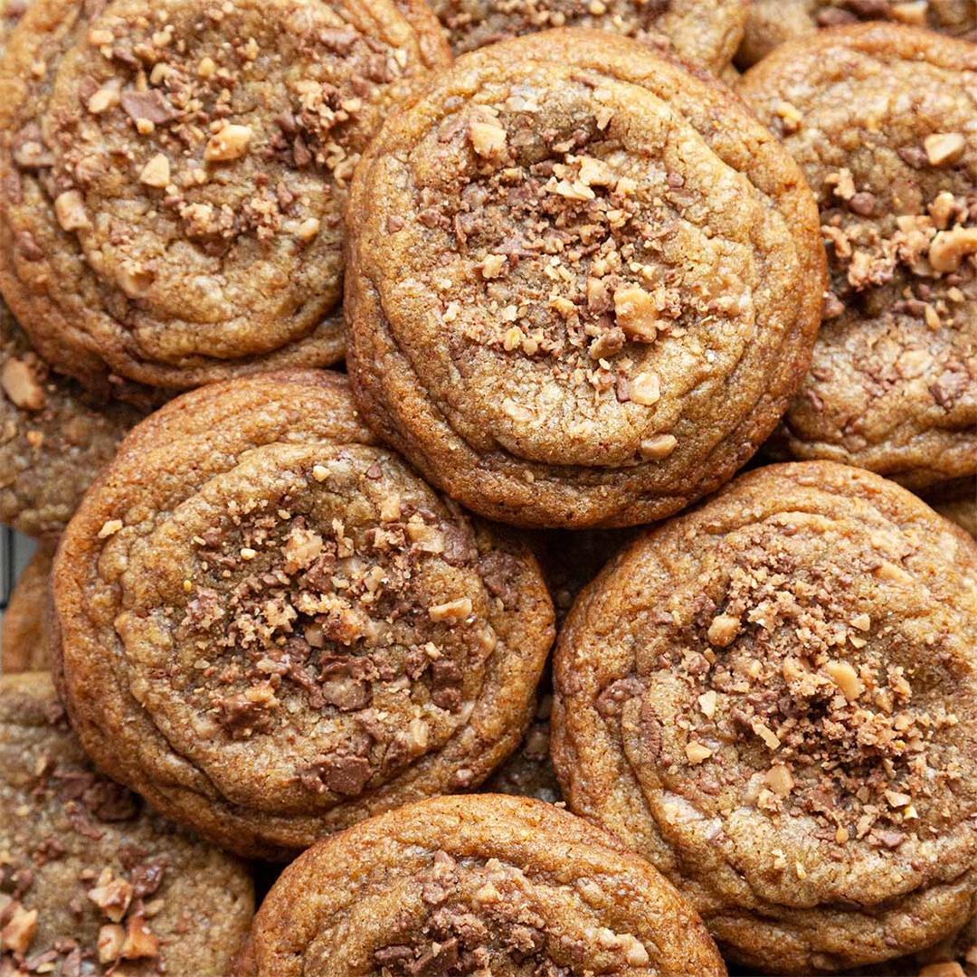 The BEST Thick and Chewy Brown Butter Toffee Cookies
