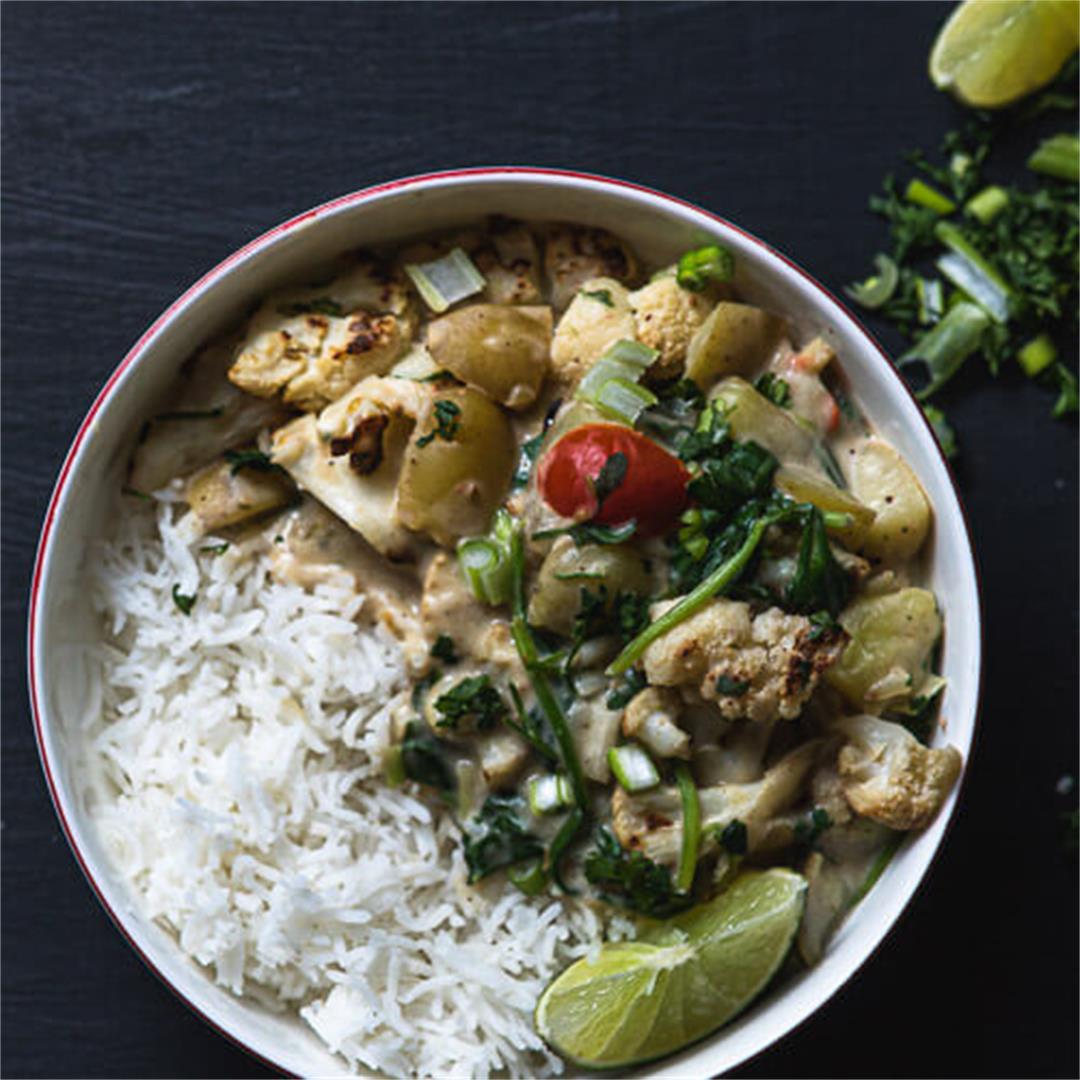 Easy Potato Curry with Roasted Cauliflower + Greens
