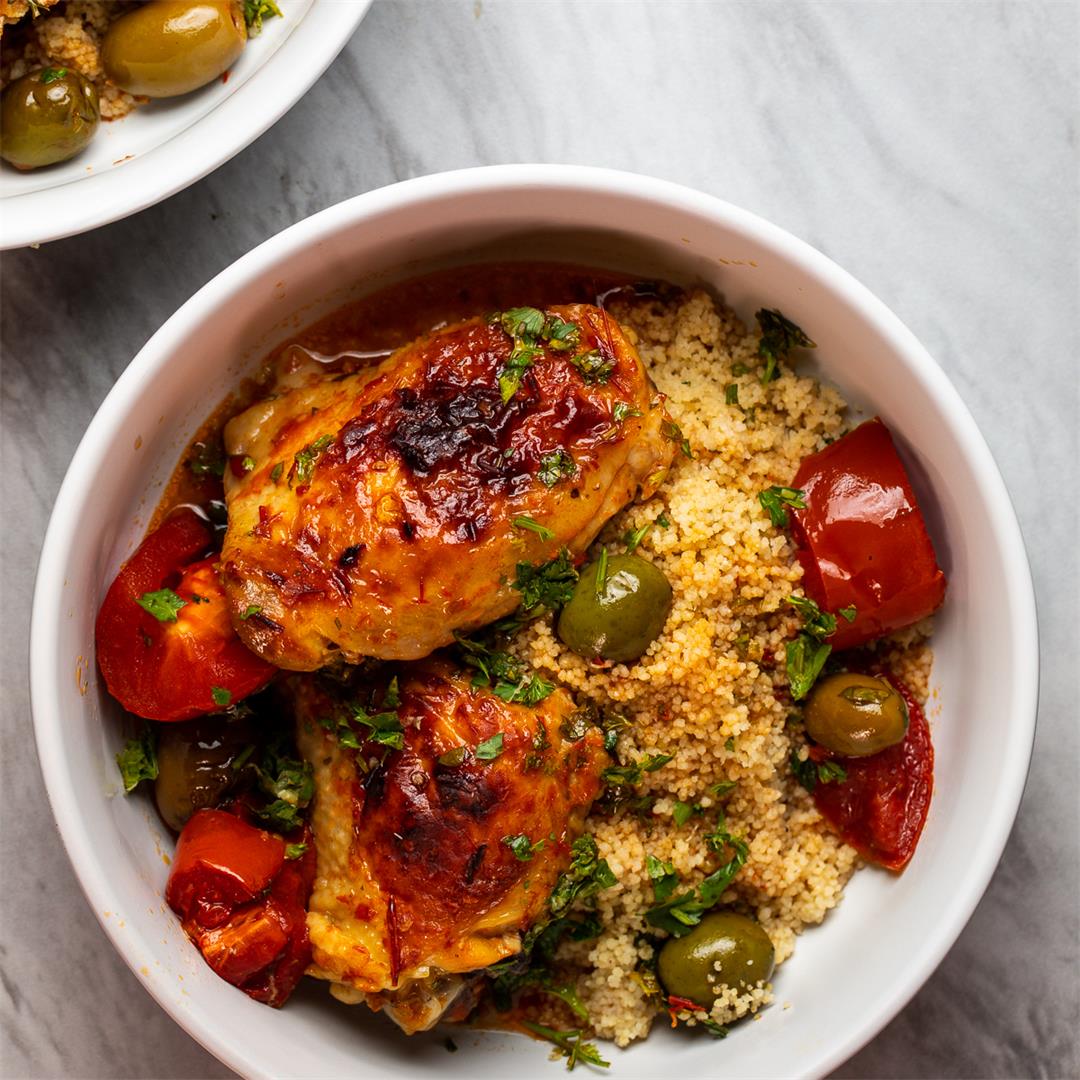 Harissa Chicken Thighs With Olives and Tomatoes
