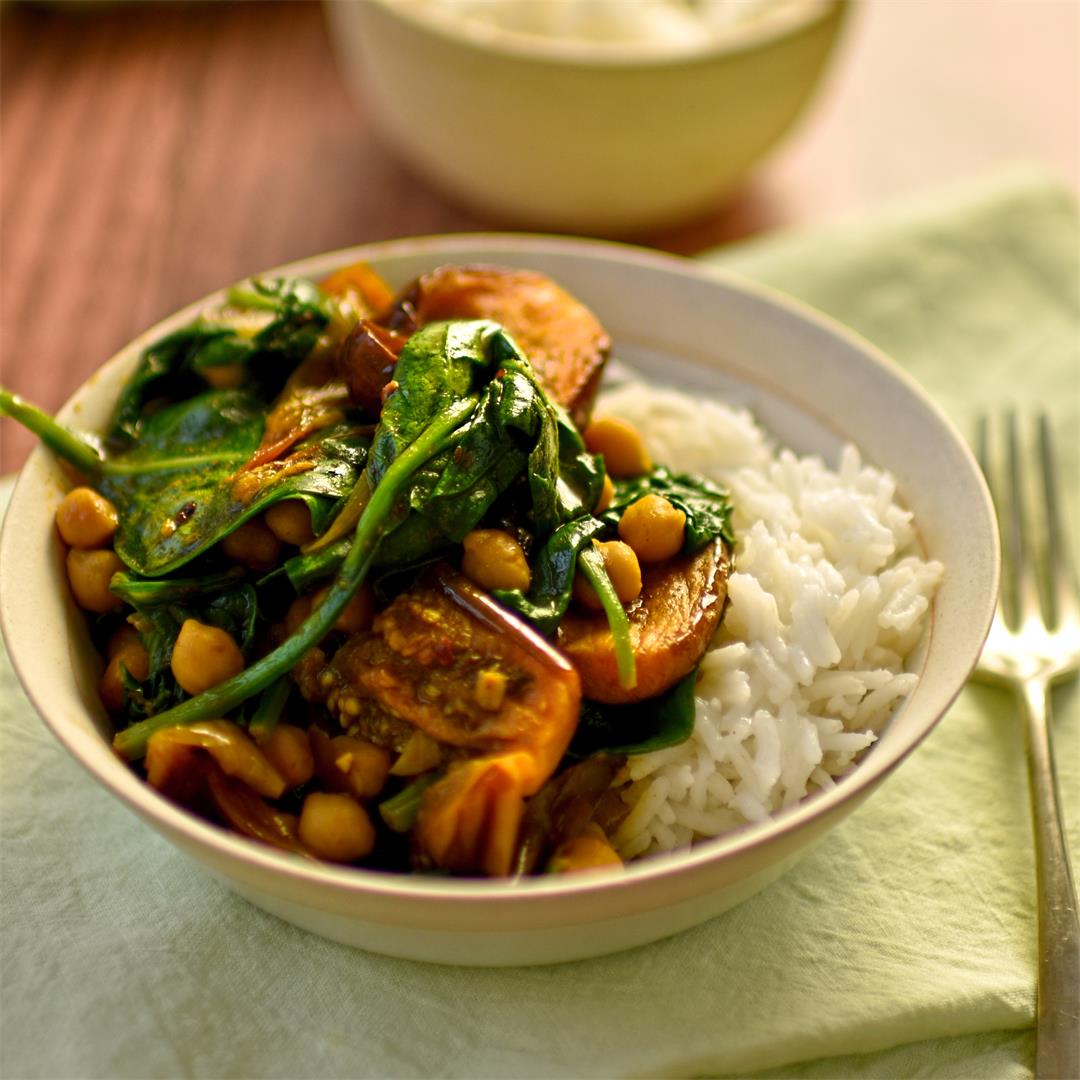 spiced aubergine with chickpeas and wilted spinach