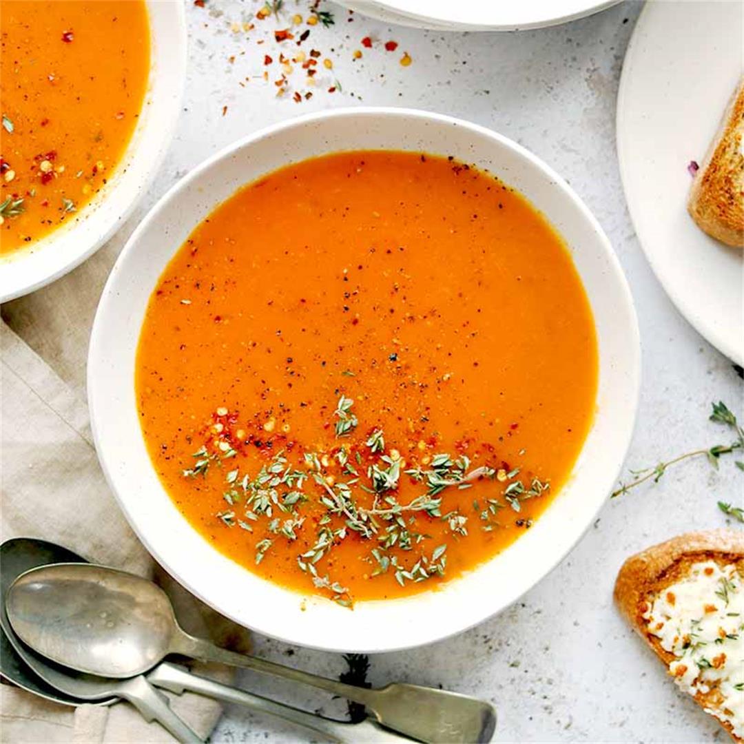 Roasted Red Pepper Soup with Feta Toast