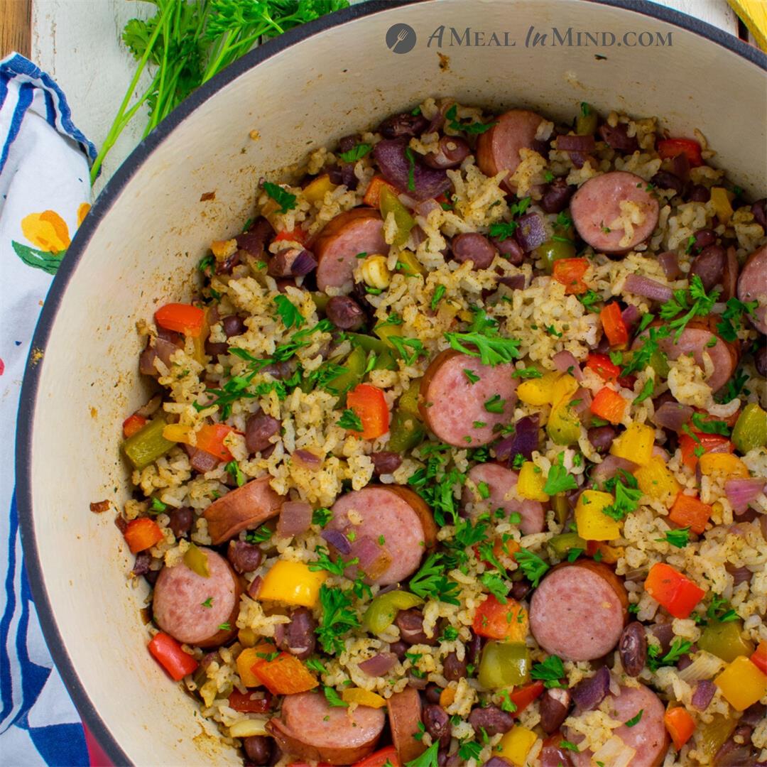 “Dirty” Rice Sausage Bake with Vegetables