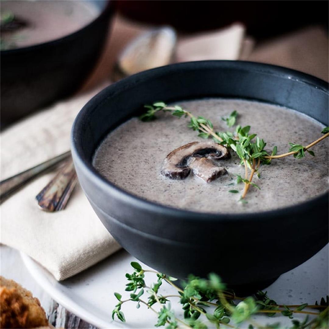 Cream of mushroom soup, with a variety of mushrooms