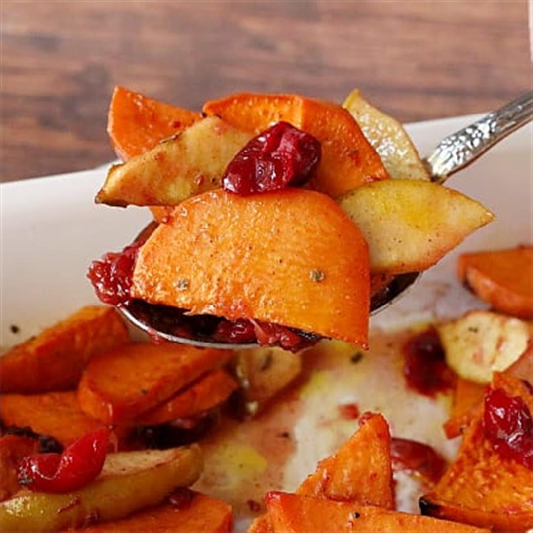 Roasted Sweet Potatoes with Apples and Cranberries