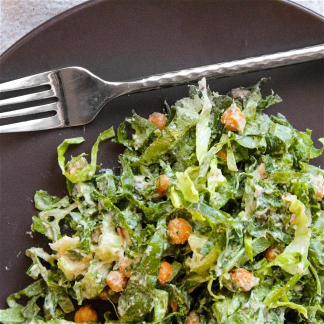 Vegan Kale Caesar Salad with Crispy Chickpeas