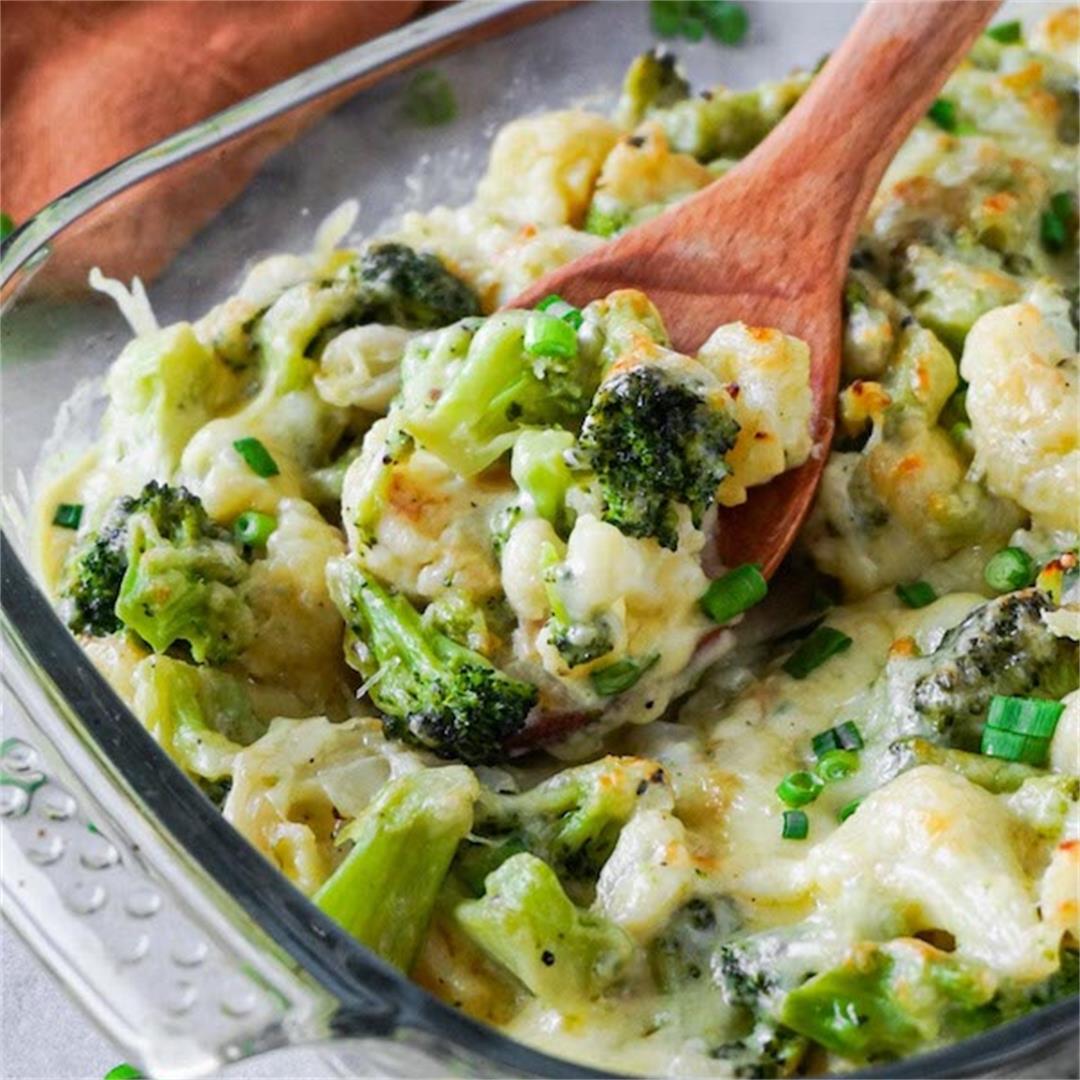 Loaded keto cauliflower casserole with broccoli and cheese