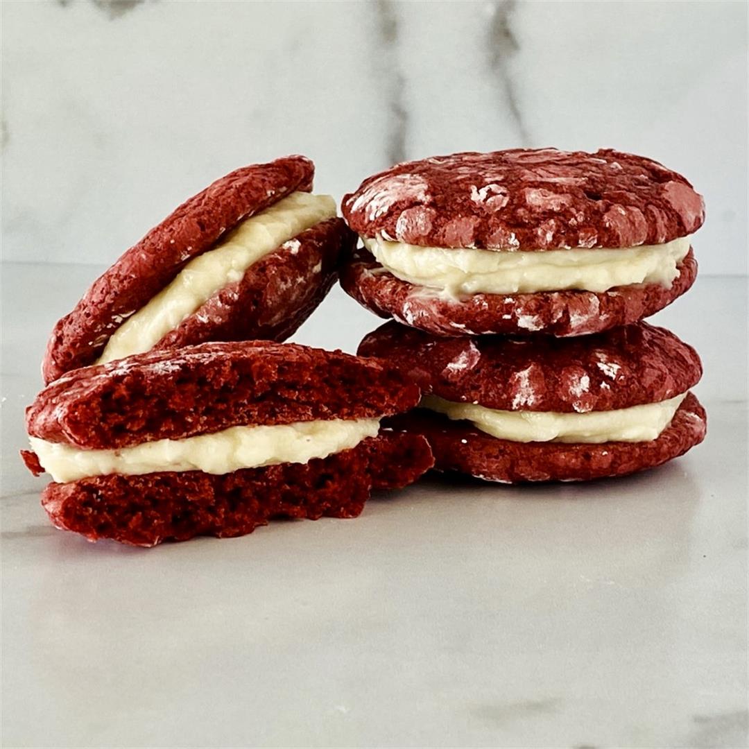 Red Velvet Crinkle Cookie Sandwiches