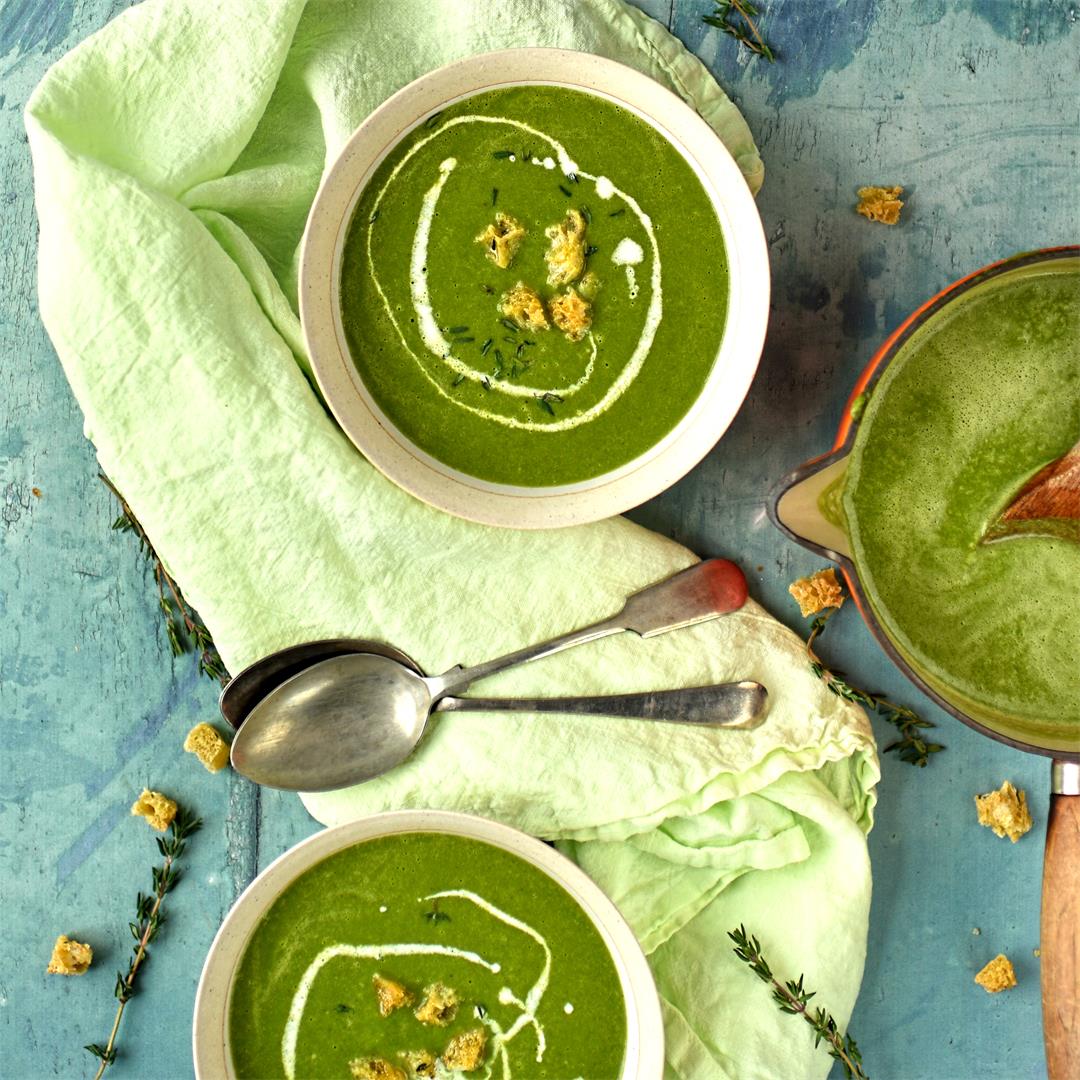 leek, broccoli and chard soup with thyme croutons