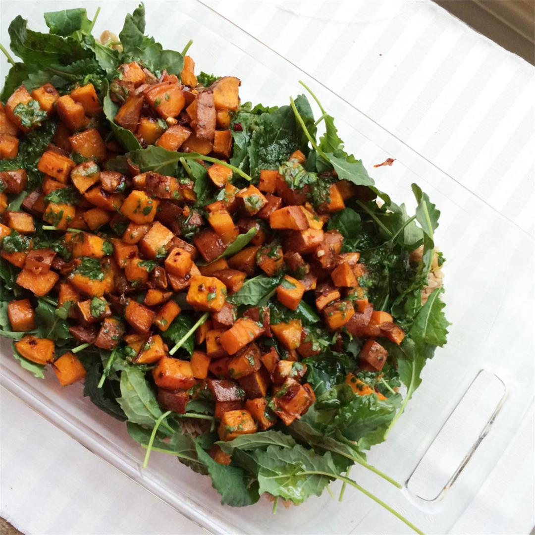 Chipotle Maple Roasted Sweet Potatoes and Baby Kale Salad