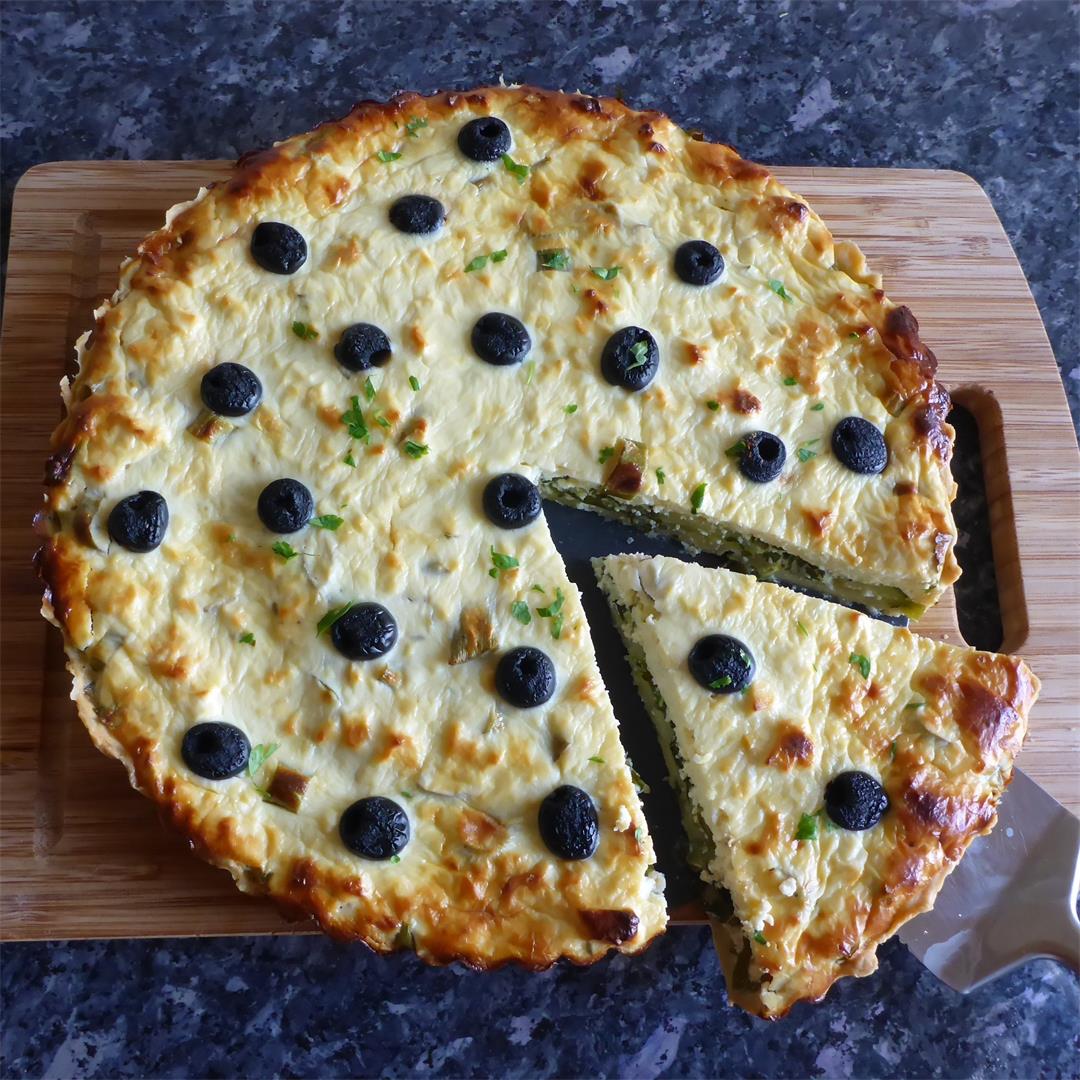 Zucchini and feta quiche made with homemade shortcrust pastry.