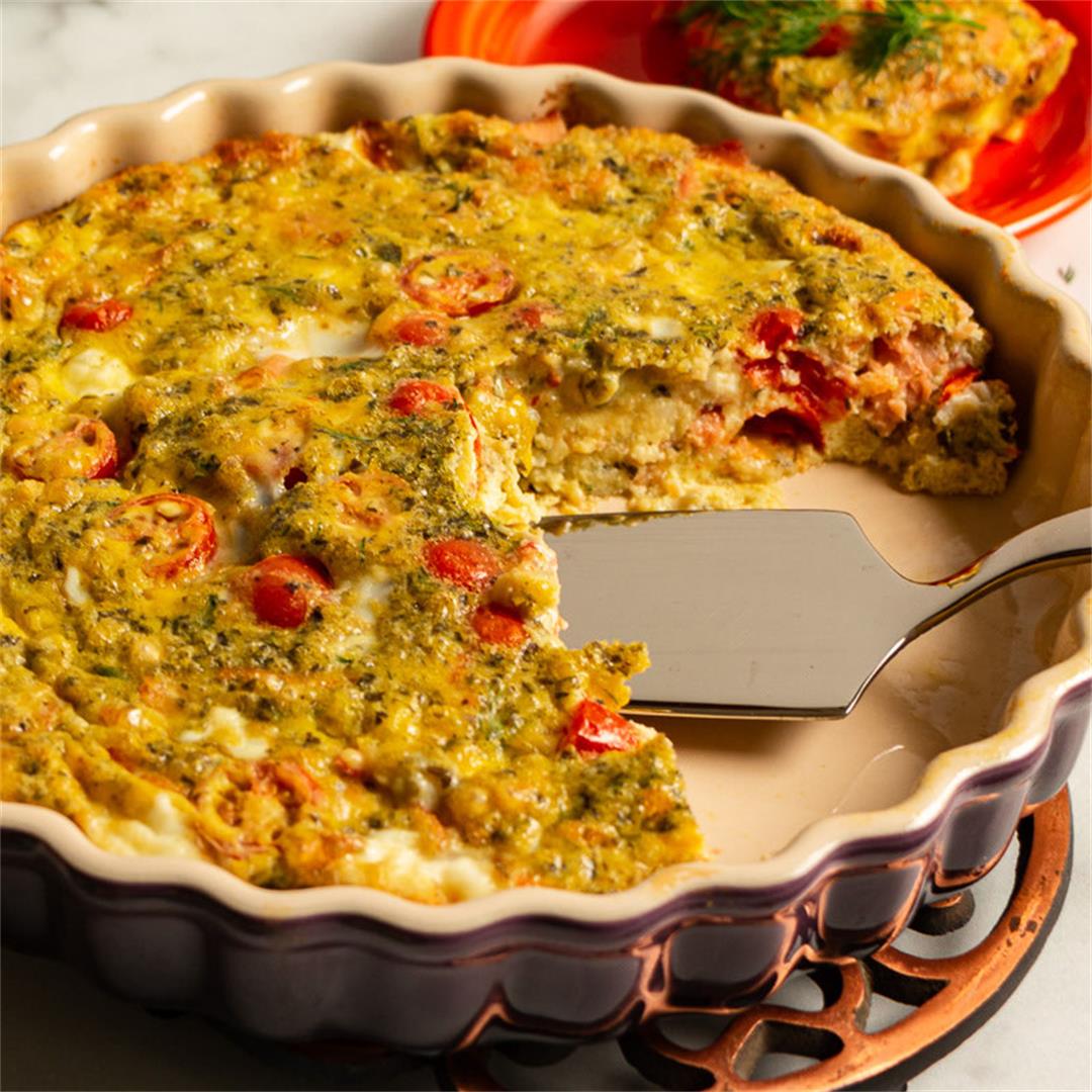 Gluten-Free Egg Casserole with Salmon, Dill, Basil, and Tomato