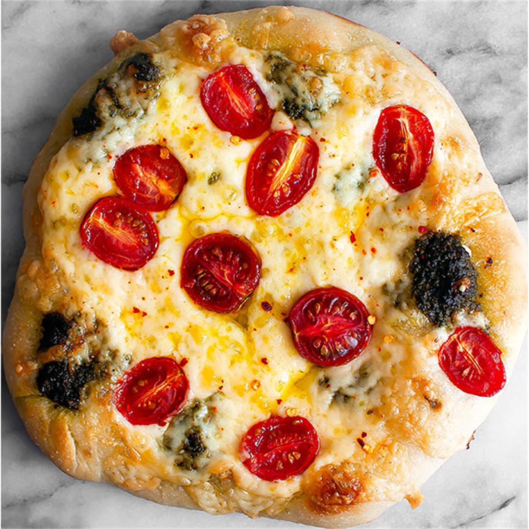 Pesto Pizza with Fresh Tomatoes and Mozzarella