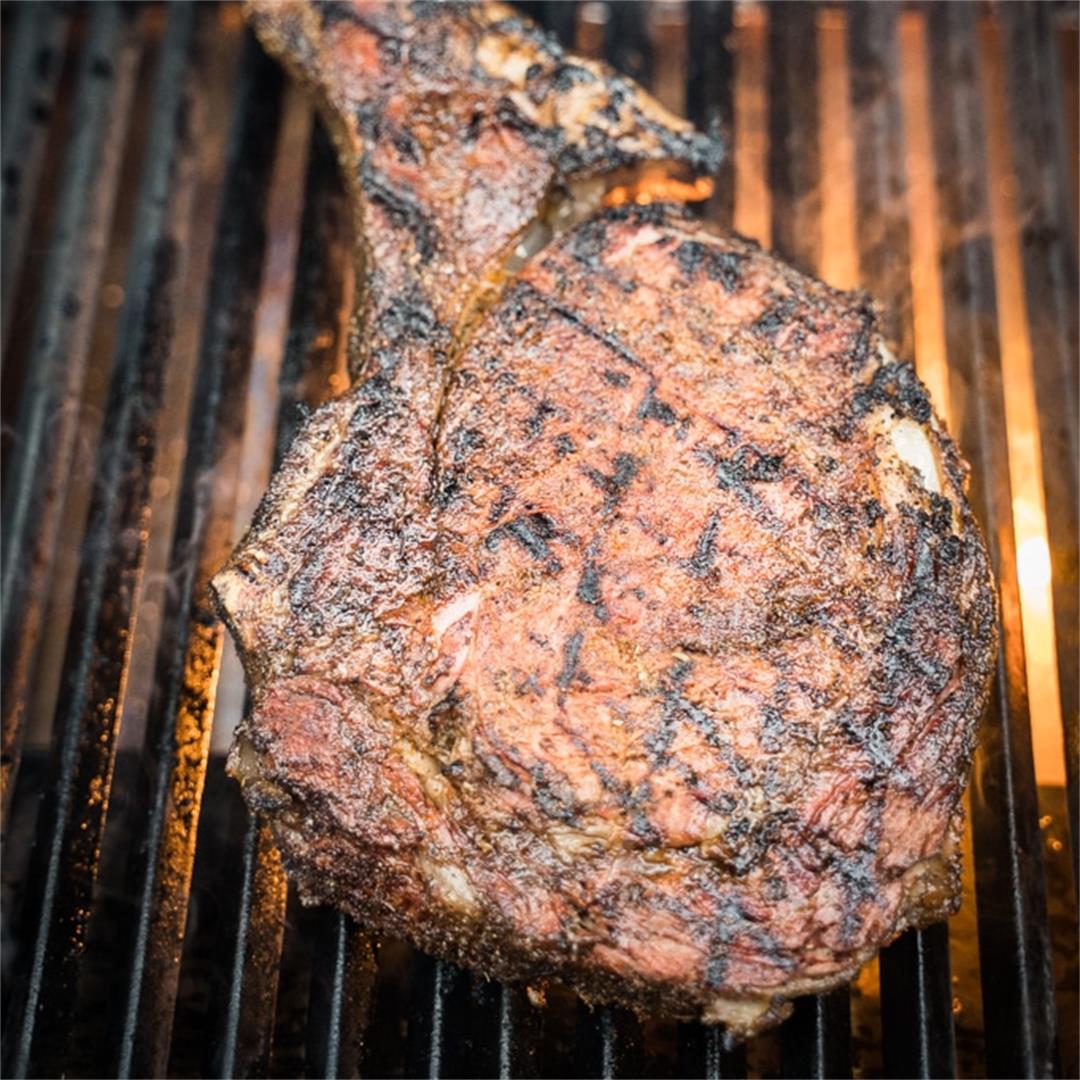 Smoked and seared Tomahawk steak on a pellet grill