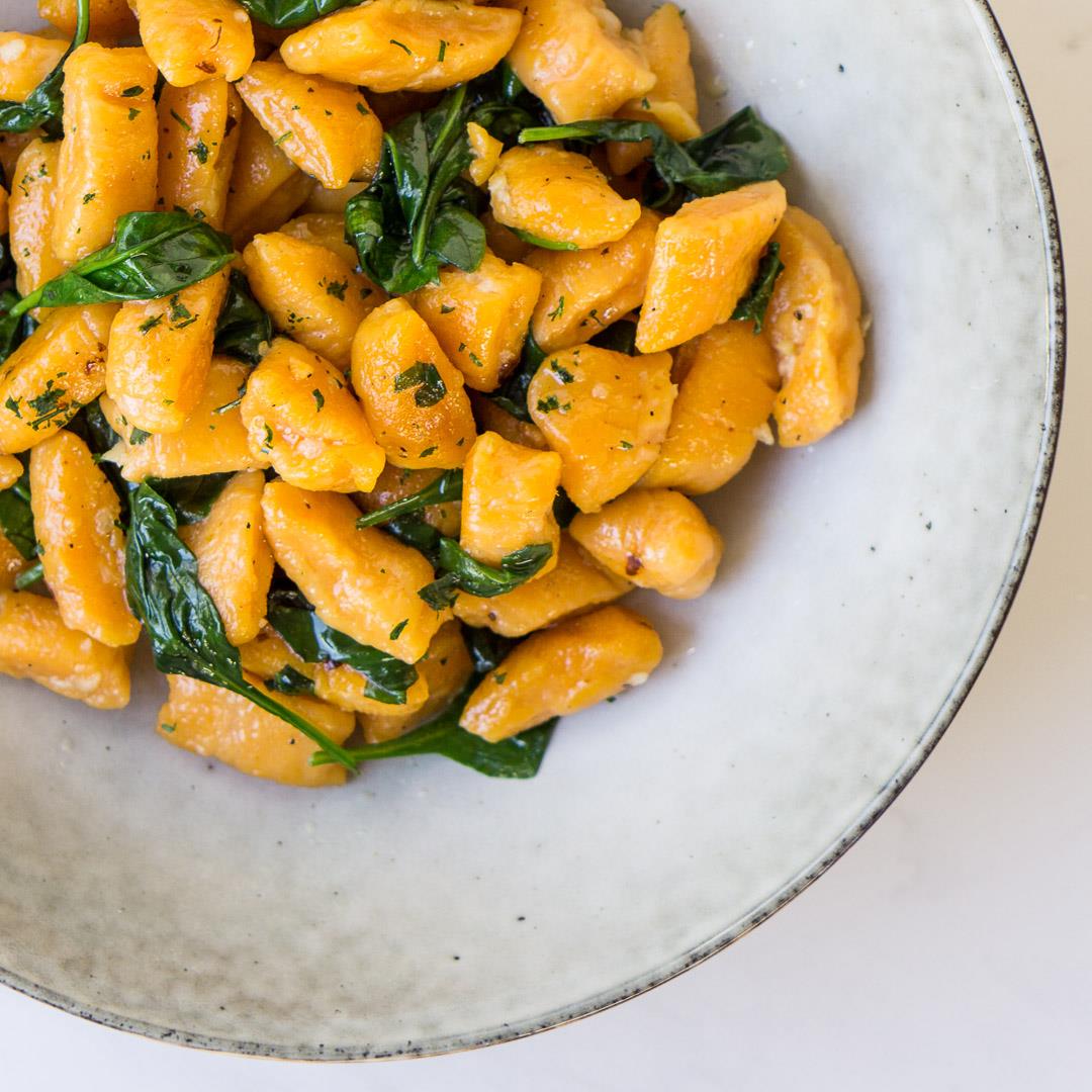 Homemade Sweet Potato Gnocchi with Garlic and Spinach